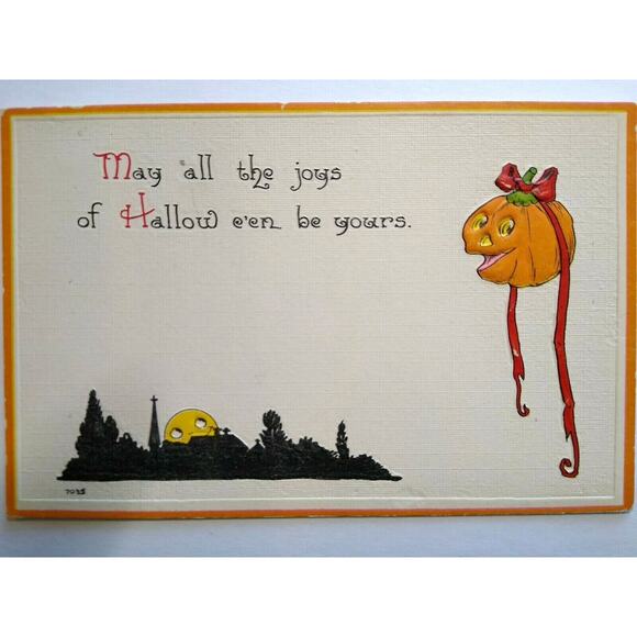 Halloween Postcard Bergman Yellow Moon Peeks Over City Goblin Lady Series 7035 - Picture 3 of 4